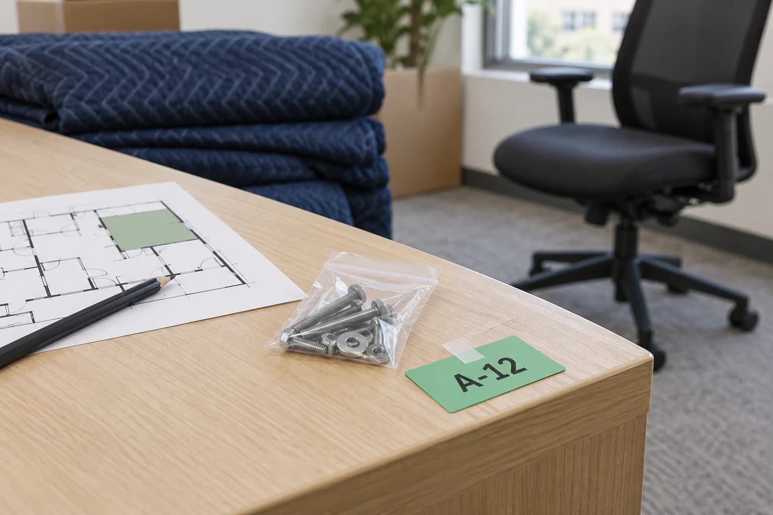 An A-12 inventory tag and bagged desk hardware beside a destination floor plan