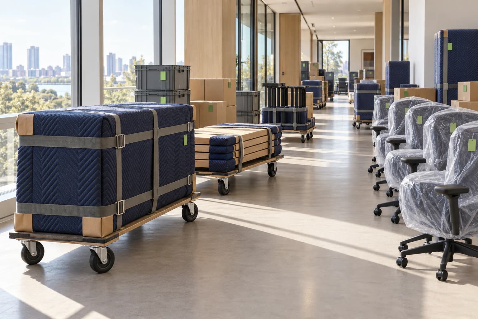 An office move staged for pickup with wrapped furniture, bagged chairs, stacked desk components and labeled crates