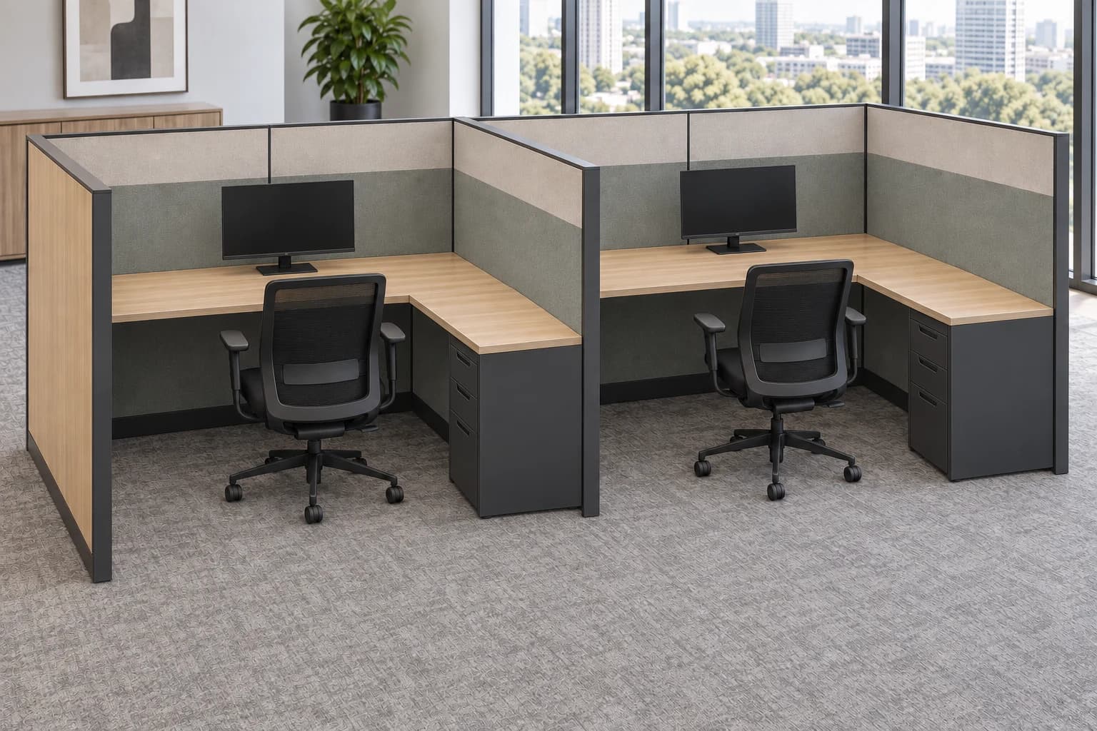 Matching L-shaped cubicles with oak laminate exteriors, two-tone fabric interiors and graphite pedestals
