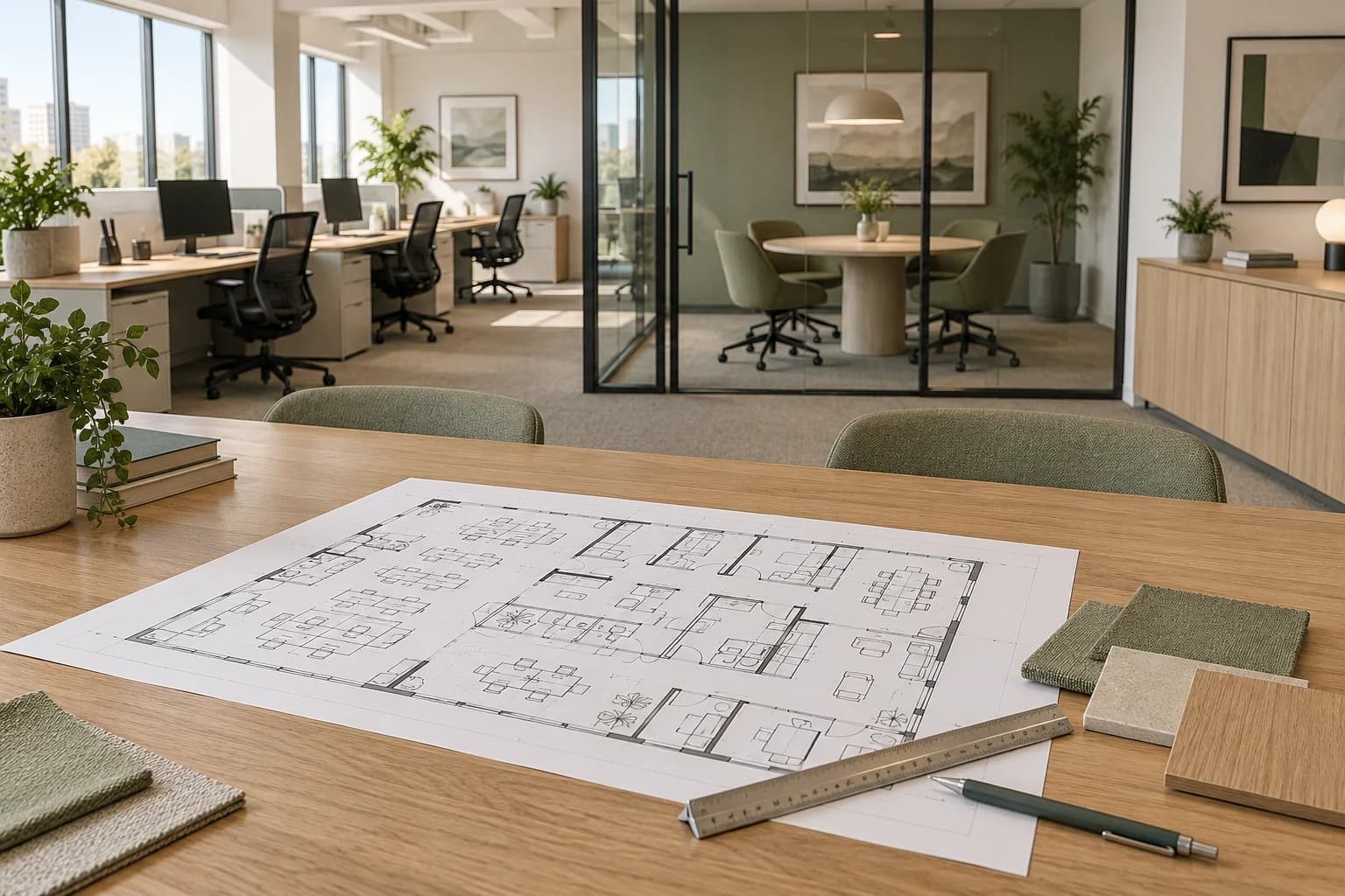 An office floor plan, oak and sage material samples, and a finished workplace beyond
