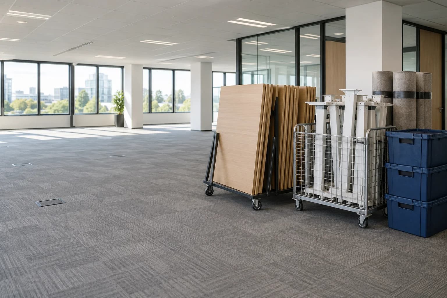 A cleared office with dismantled desk components organized for removal