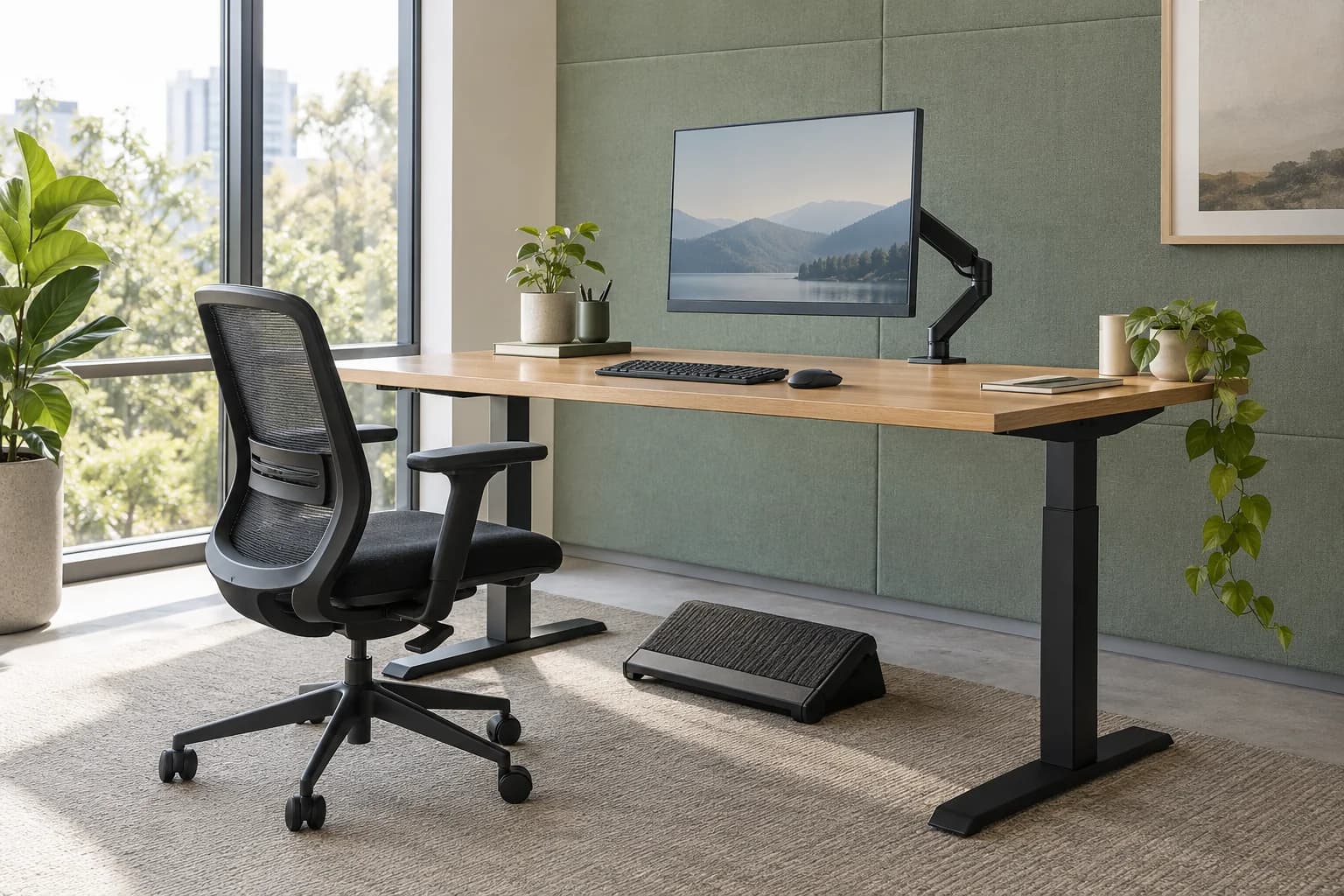 A freestanding oak desk with a complete ergonomic chair and monitor arm