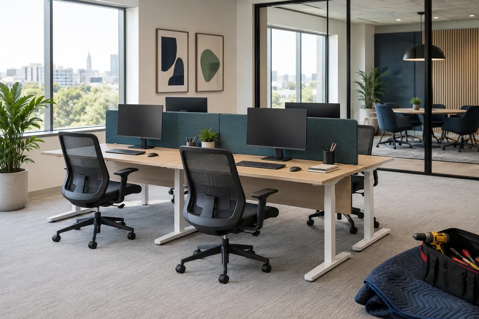 Shared oak benching workstations with screens, monitors and ergonomic chairs