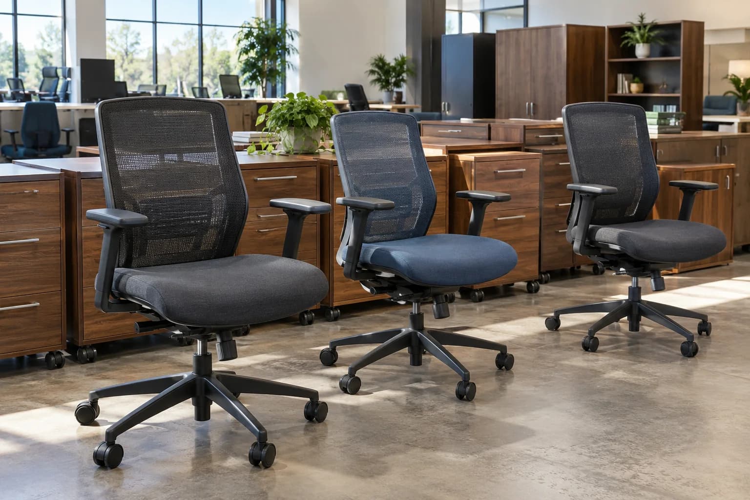 Pre-owned commercial chairs and storage furniture organized for resale