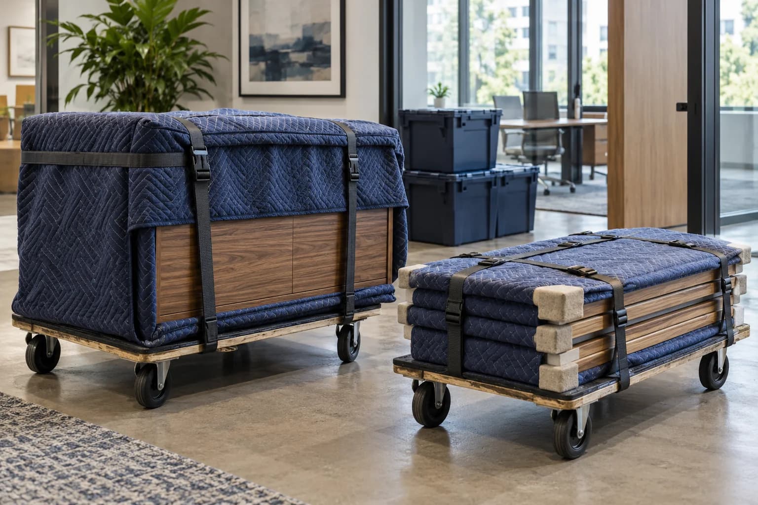 Protected furniture secured to wheeled moving dollies