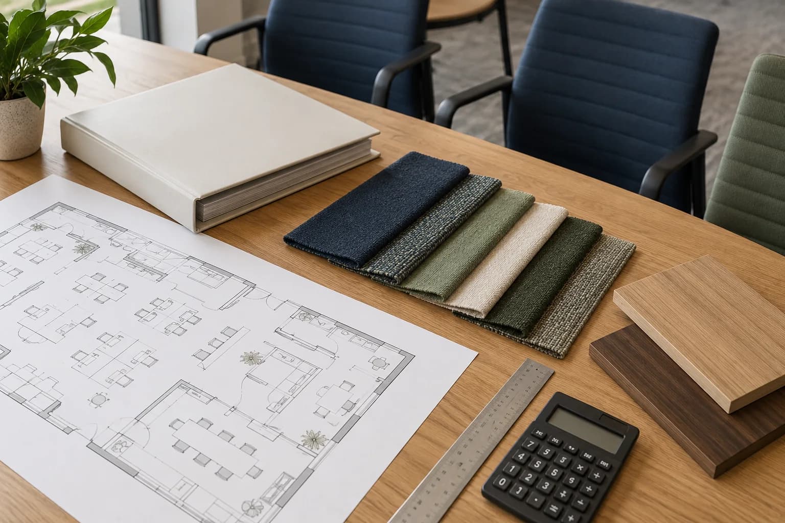 Furniture specification materials, a floor plan and a quotation binder