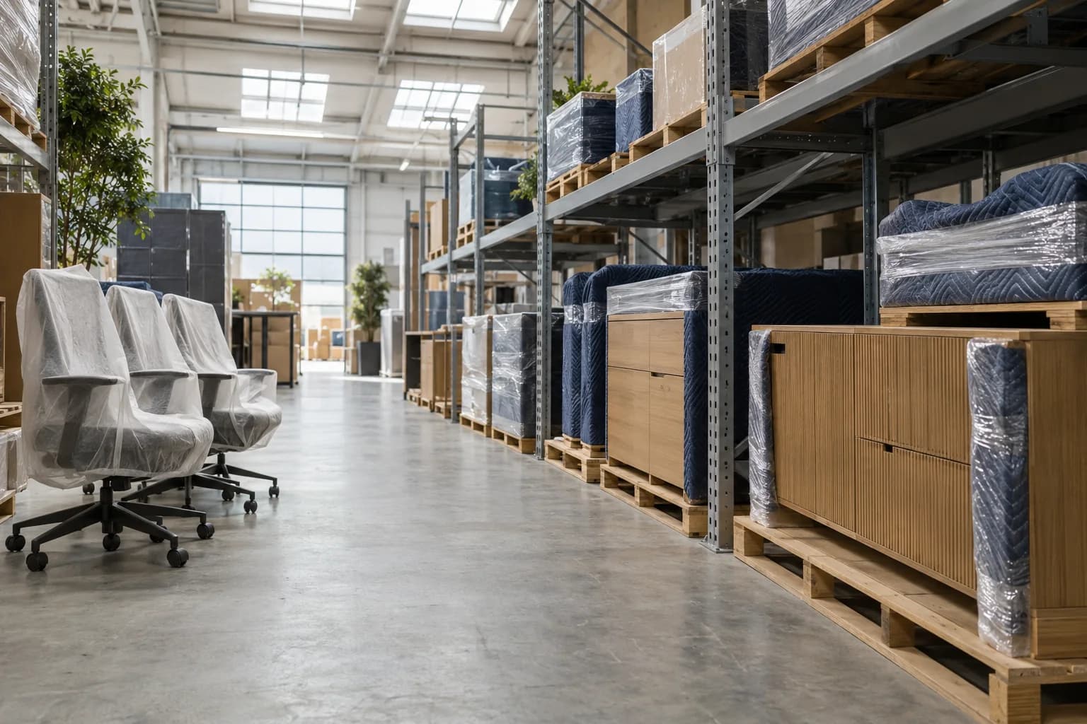 Protected office furniture on warehouse racks beside a clear aisle
