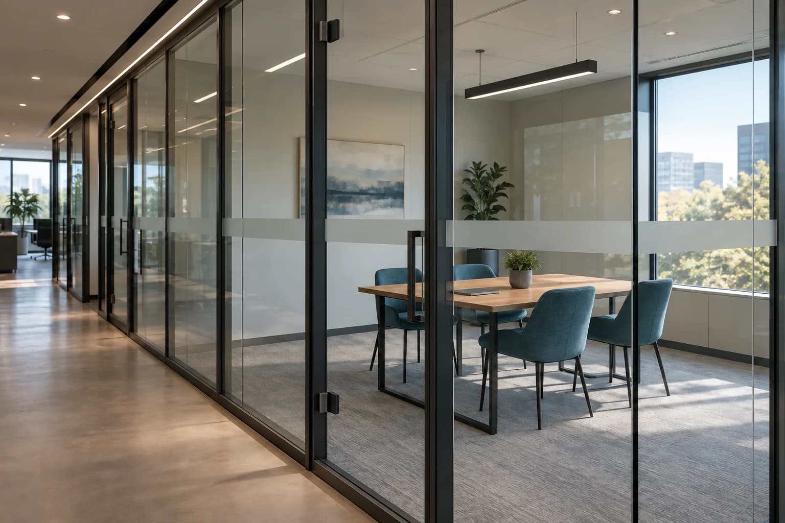 Full-height glass partitions enclosing a finished meeting room