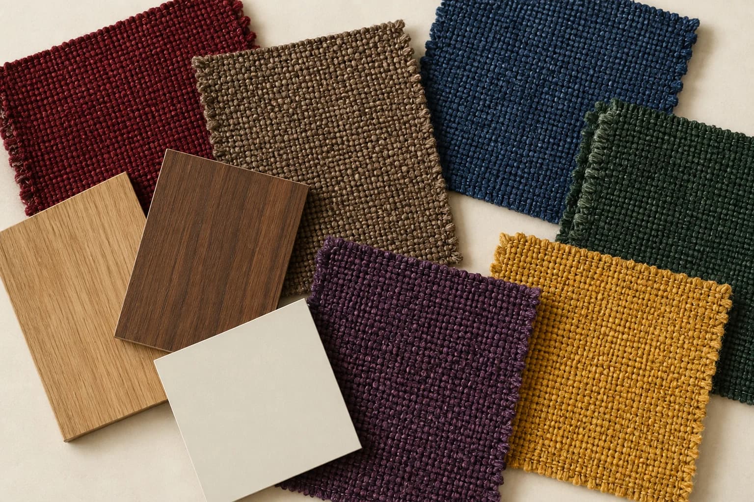 Illustrative palette of six woven upholstery colors with oak, walnut, and ivory finish samples
