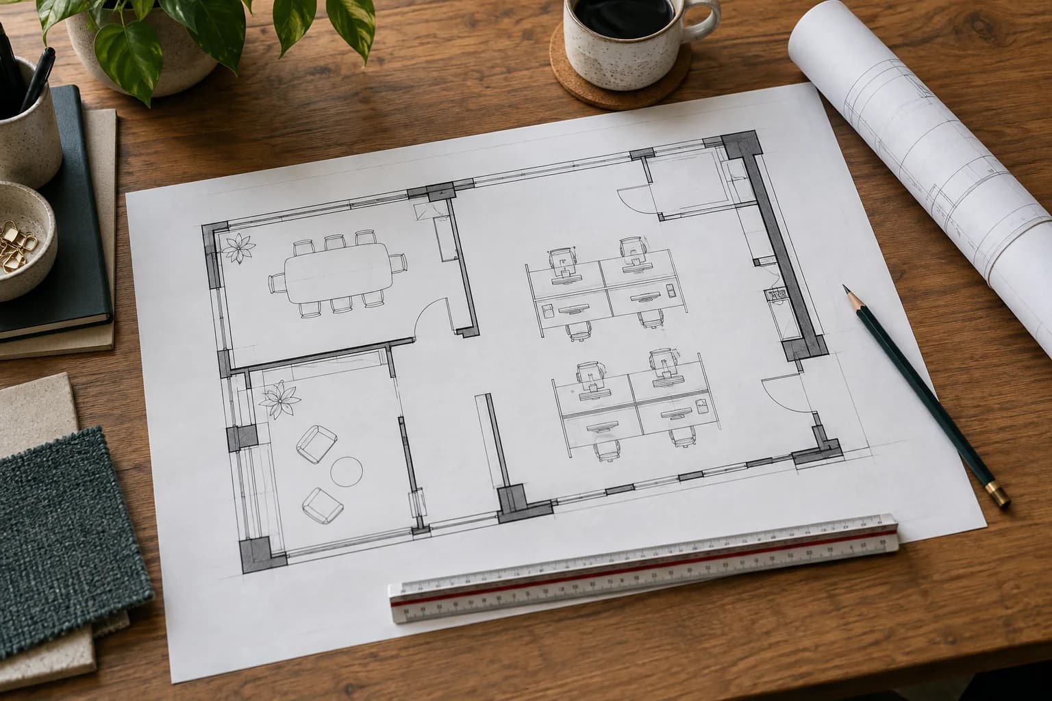 A detailed office floor plan with a scale ruler and drawing tools