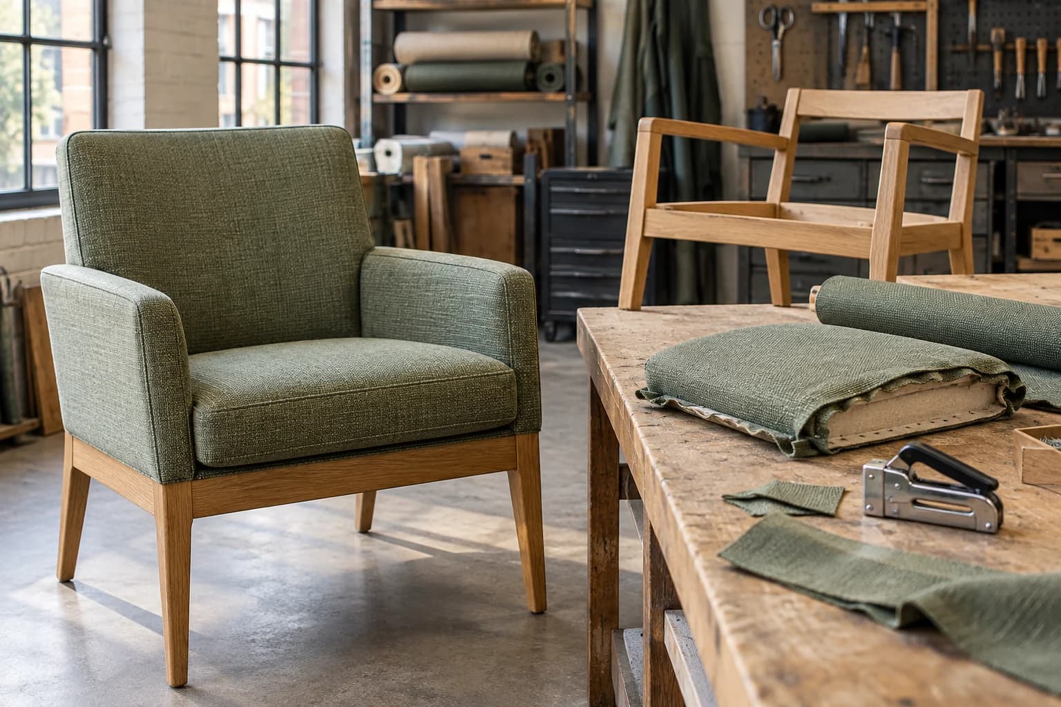 An upholstered green chair and upholstery materials in a workshop