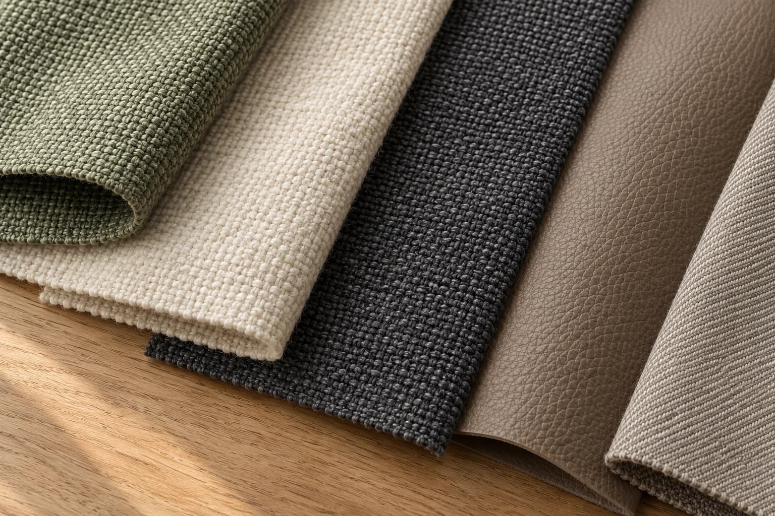 A close-up material study of sage, cream, charcoal, clay and greige upholstery swatches