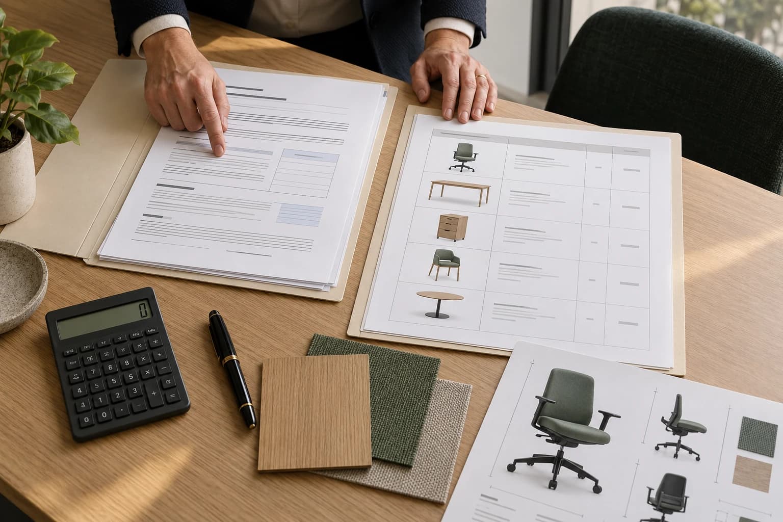 A buyer reviewing two furniture procurement documents with material swatches and a calculator on an oak table