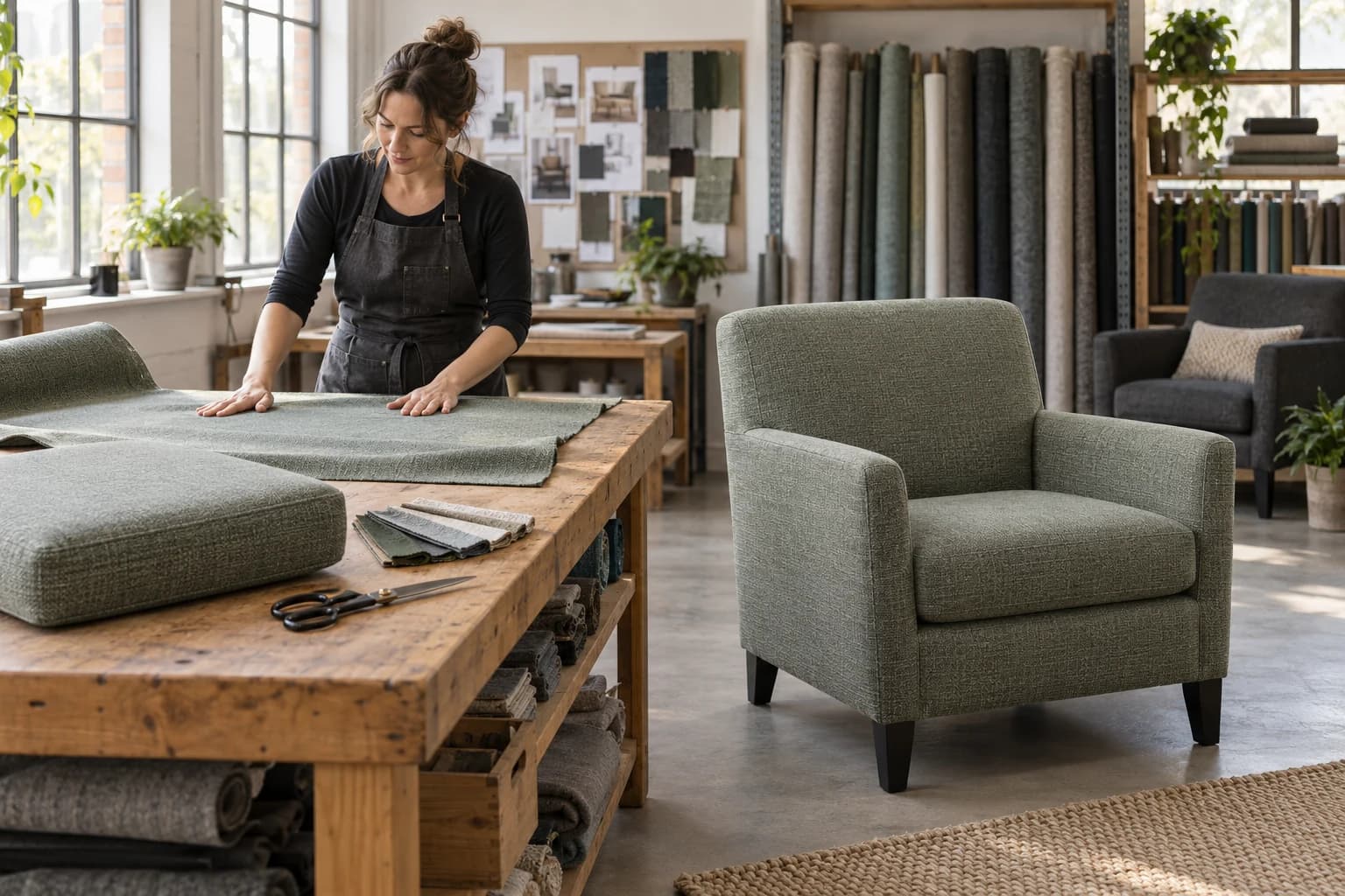 An upholsterer smoothing sage fabric beside a complete newly upholstered commercial lounge chair