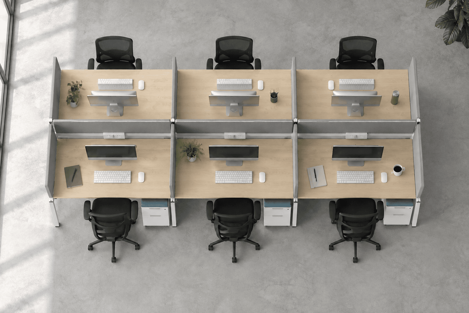 AI concept rendering of 6 workstations inspired by Friant Verity, with light wood tops, grey fabric screens, white frames, and black mesh chairs, viewed from above