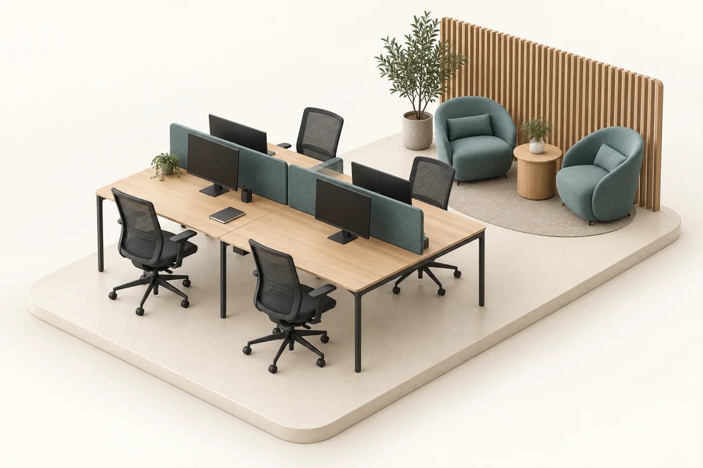Illustrated workplace with oak desks, teal privacy screens, task seating, and a meeting area