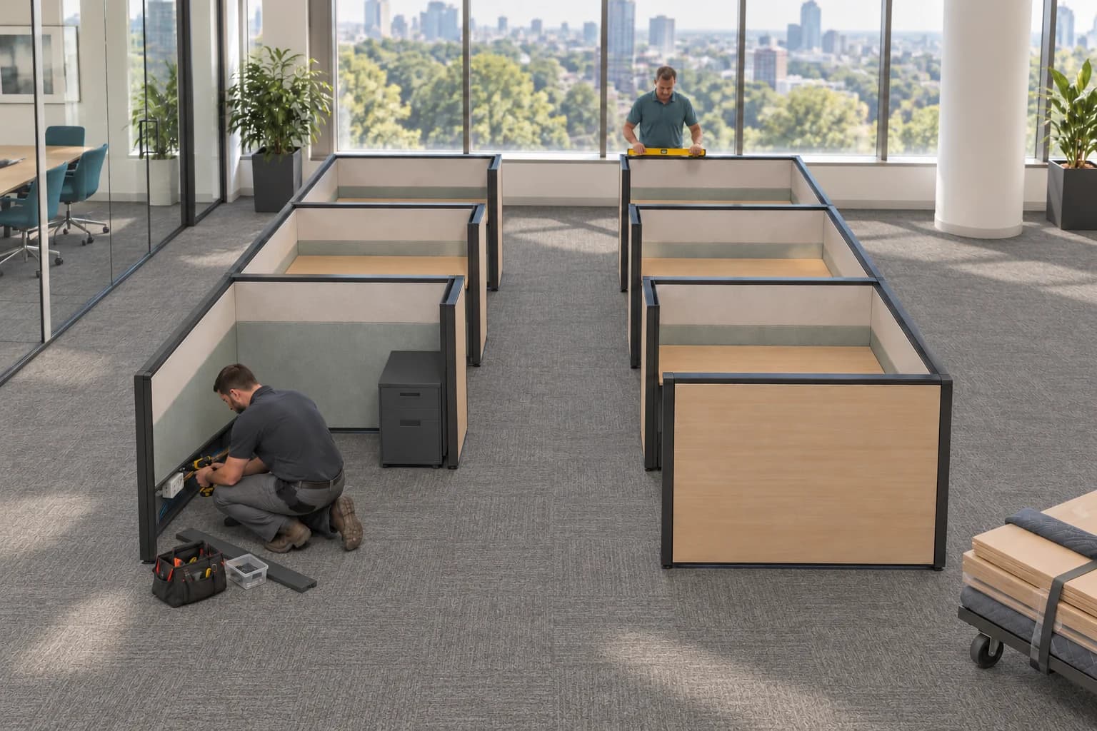 Two professional installers assembling rows of cubicles with oak laminate exteriors and two-tone fabric interiors