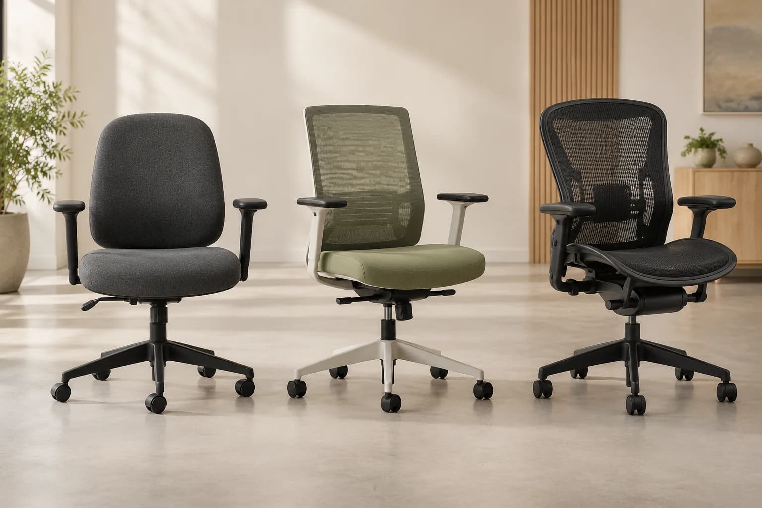 Complete ergonomic office chairs with upholstered seats and adjustable arms
