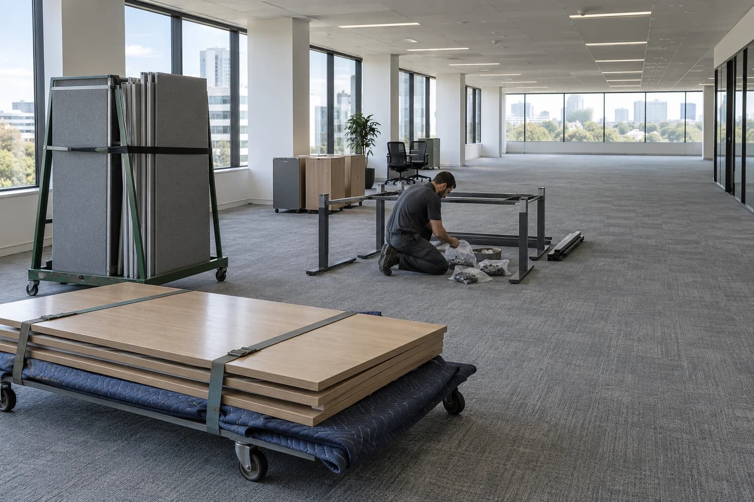 A mostly cleared commercial office with dismantled desk tops and panel systems secured on carts for removal