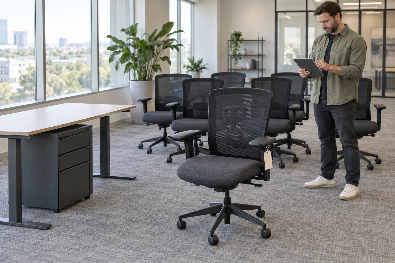 A furniture assessor evaluating an organized group of complete matching office chairs and a tagged task chair