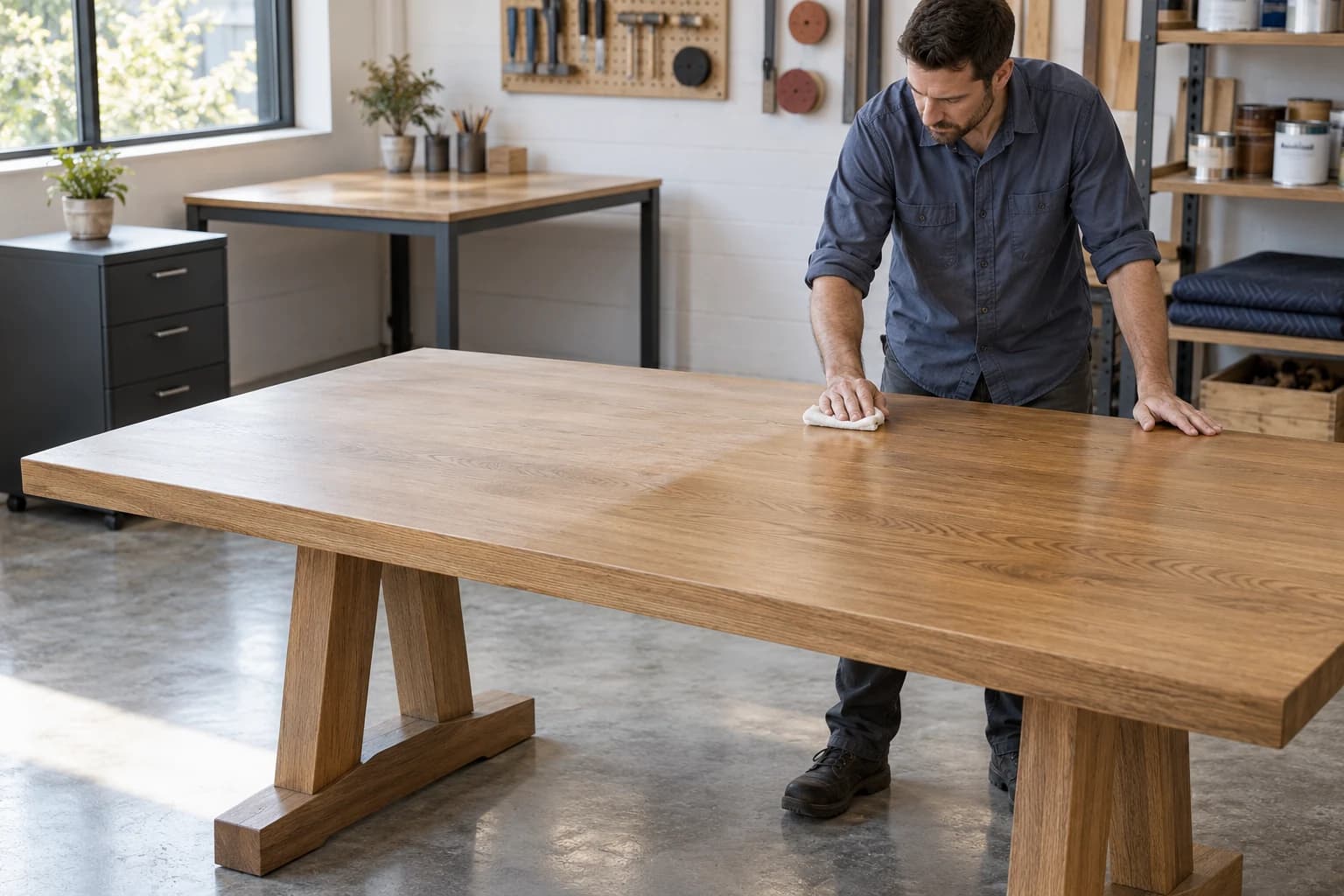 A furniture craftsperson refinishing a substantial oak tabletop in an organized commercial workshop