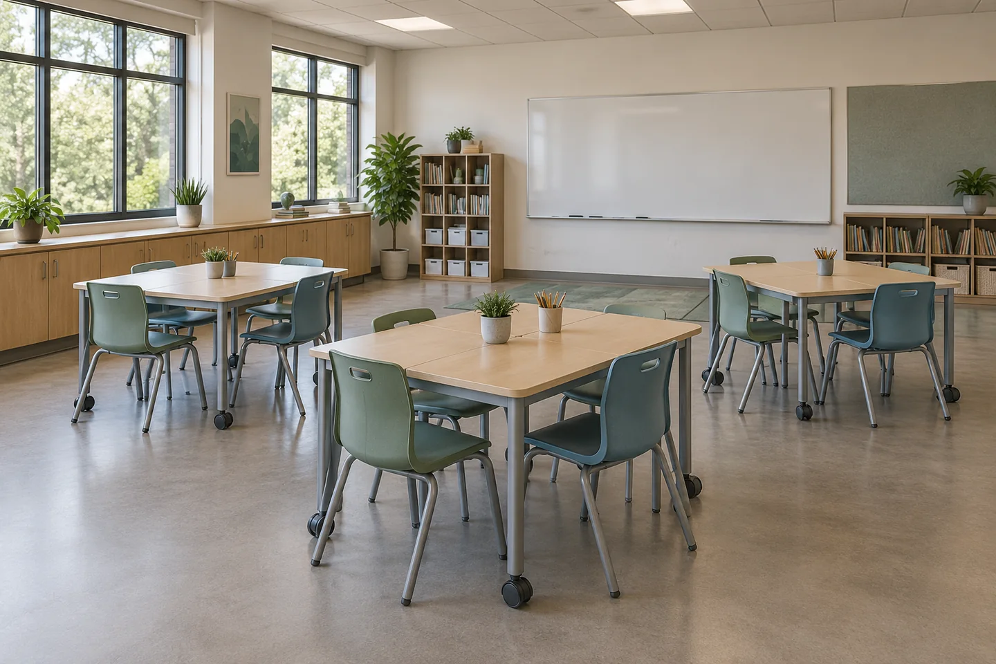 A flexible classroom with grouped mobile student tables, coordinated chairs and low storage.