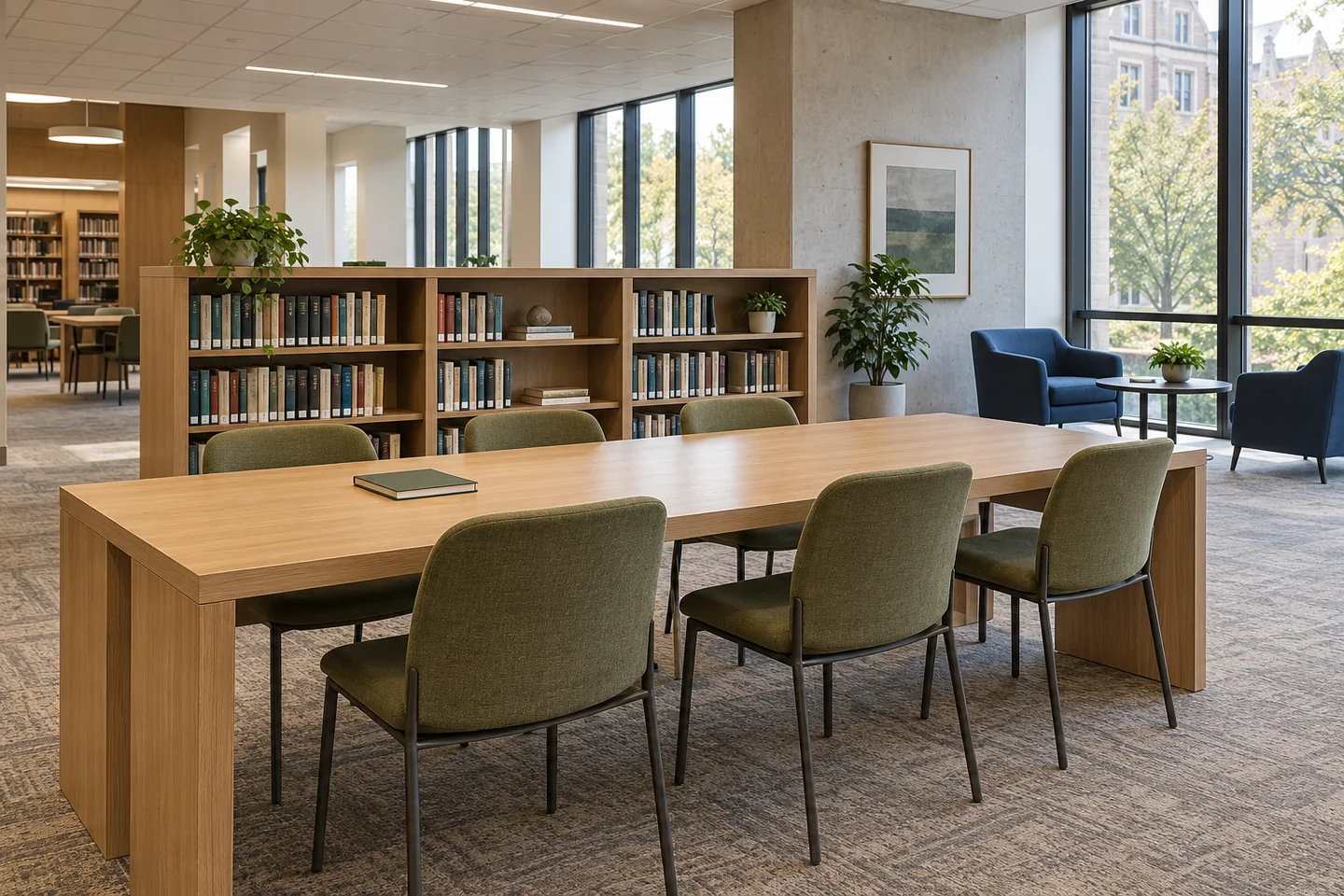 A university learning commons with communal study furniture, low shelving and lounge seating.