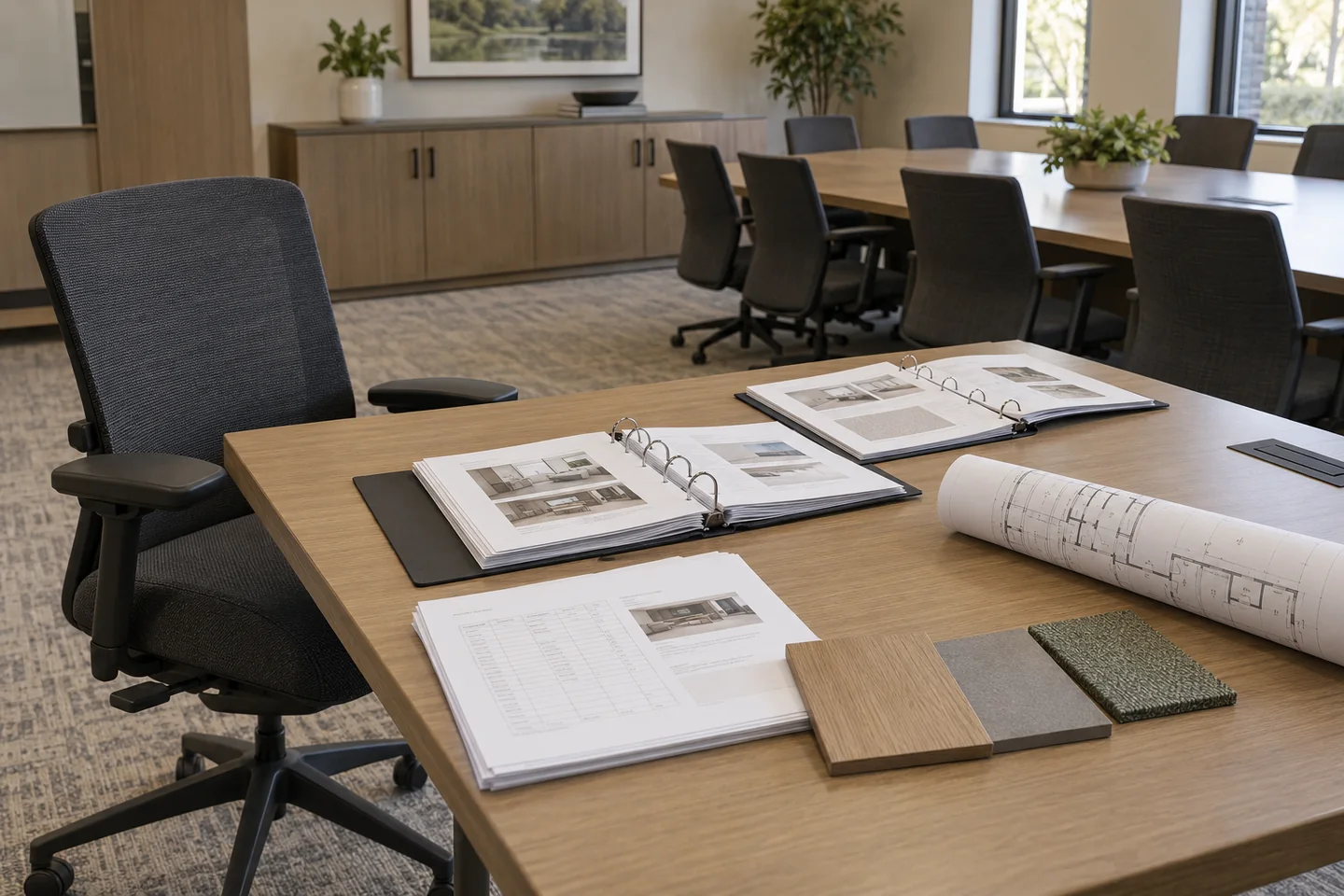 A furniture project table with specification binders, floor plans and finish samples in an agency meeting room.