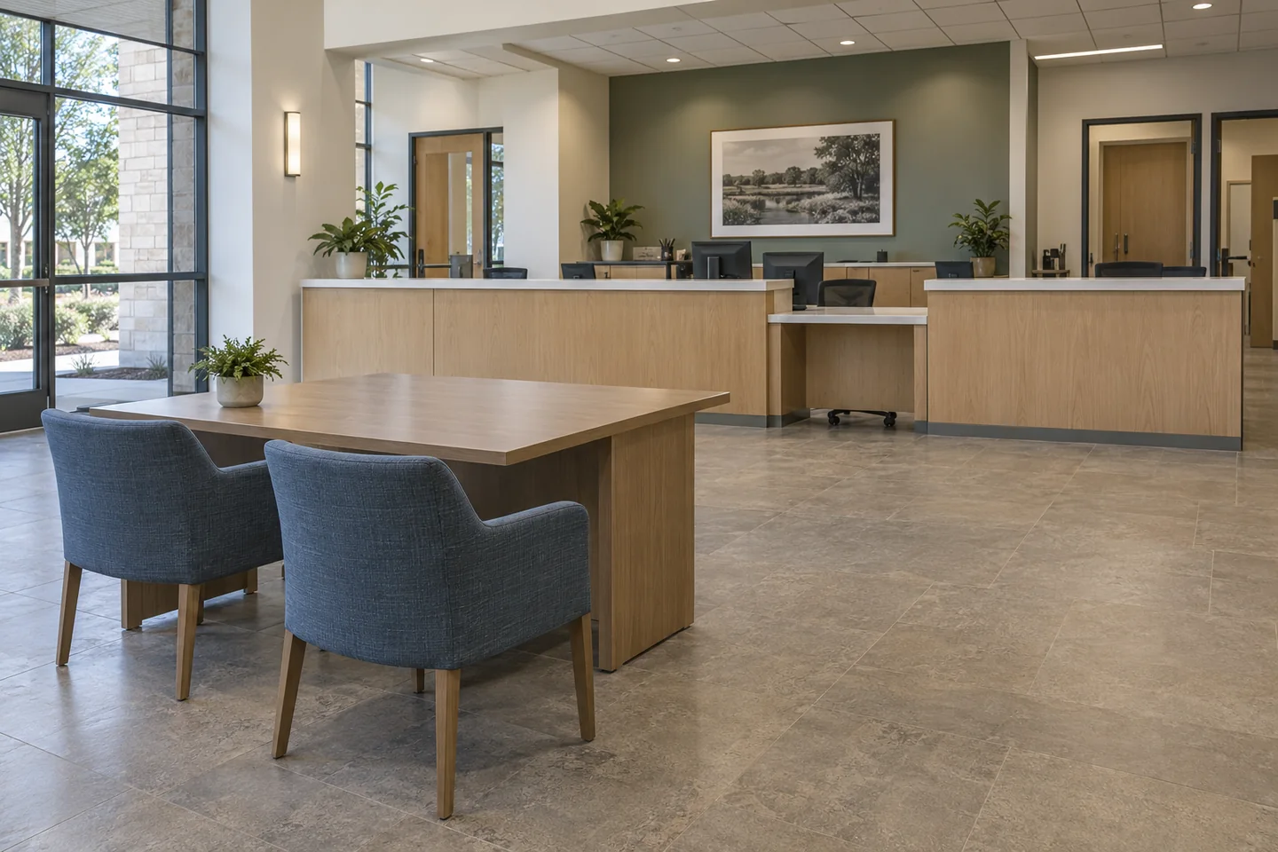 A municipal public-service interior with consultation seating and a wood service counter.