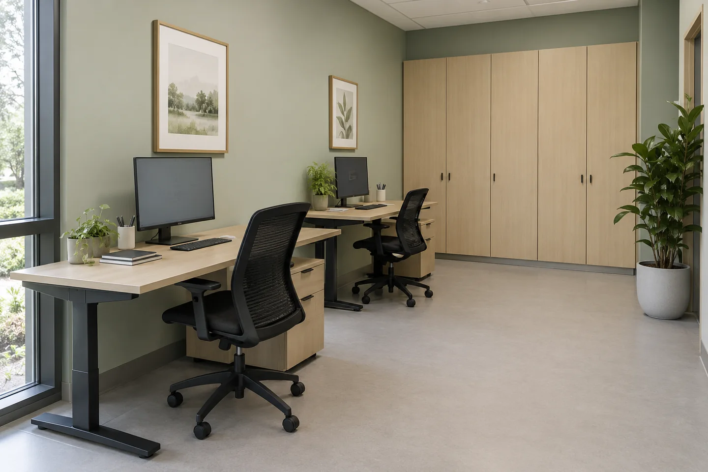 A clinic staff workroom with ergonomic task seating, documentation desks and closed storage.