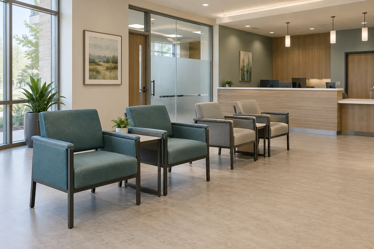 A contemporary clinic waiting area with substantial armchairs, end tables and a reception counter.