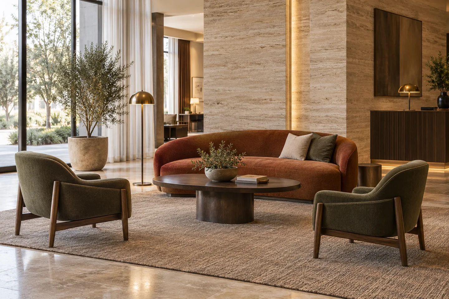 A boutique hotel lounge with an olive armchair grouping, curved rust sofa and walnut coffee table.