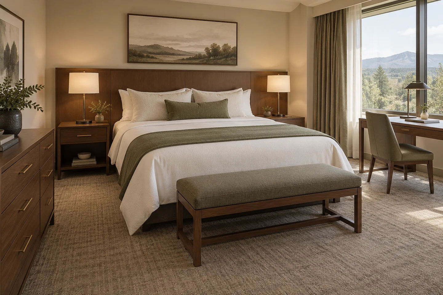A coordinated hotel guest room with walnut casegoods, a writing desk and an upholstered luggage bench.