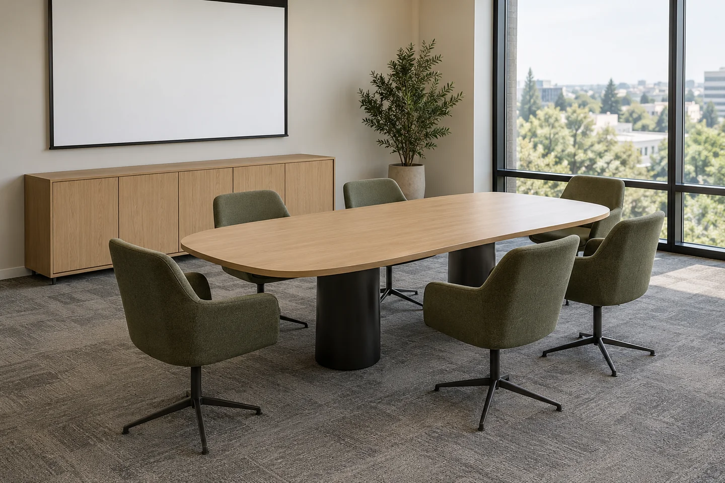 A complete six-person meeting room with an oak table and olive upholstered chairs.