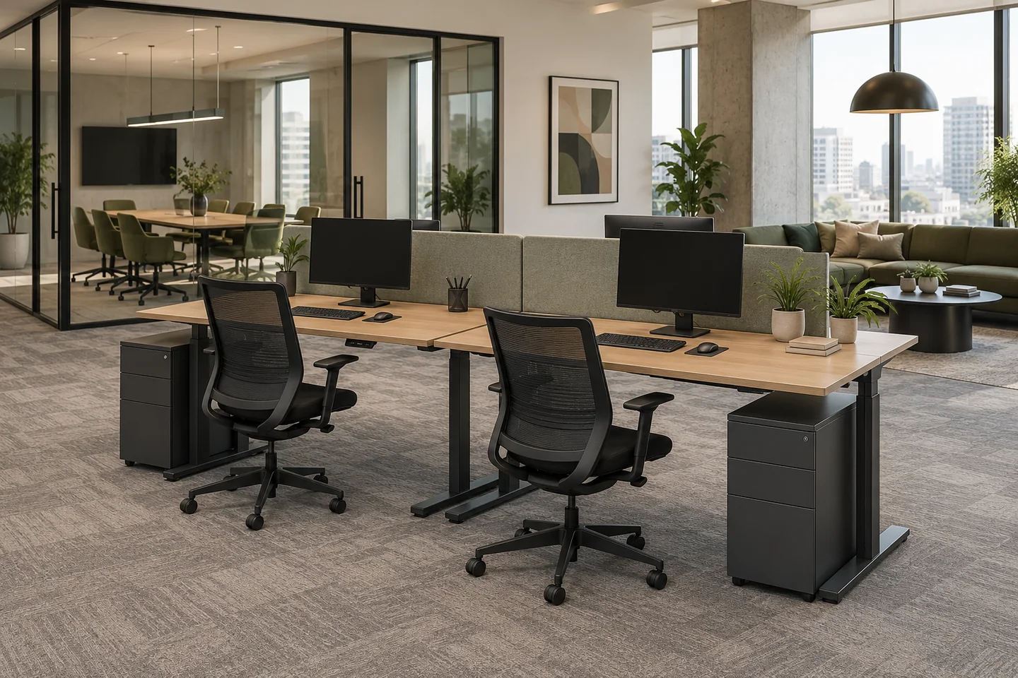 Oak workstations with ergonomic task chairs, aligned monitors and storage in a carpeted commercial office.