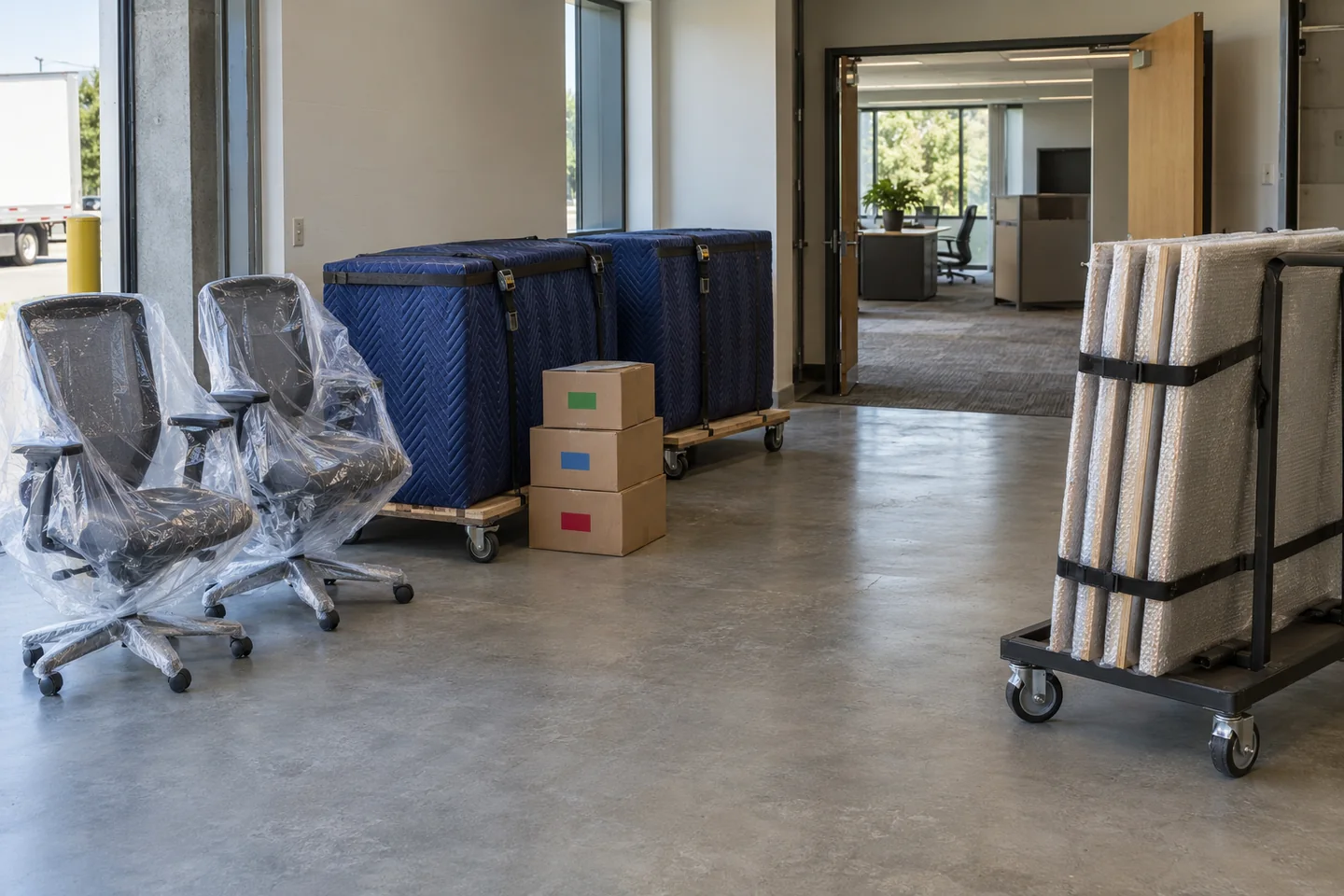 Protected office furniture, bagged chairs and wrapped casegoods organized in a receiving area.