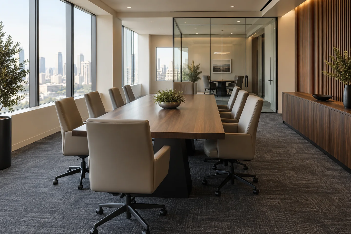 A corporate conference room with a walnut table, coordinated upholstered seating and matching storage.