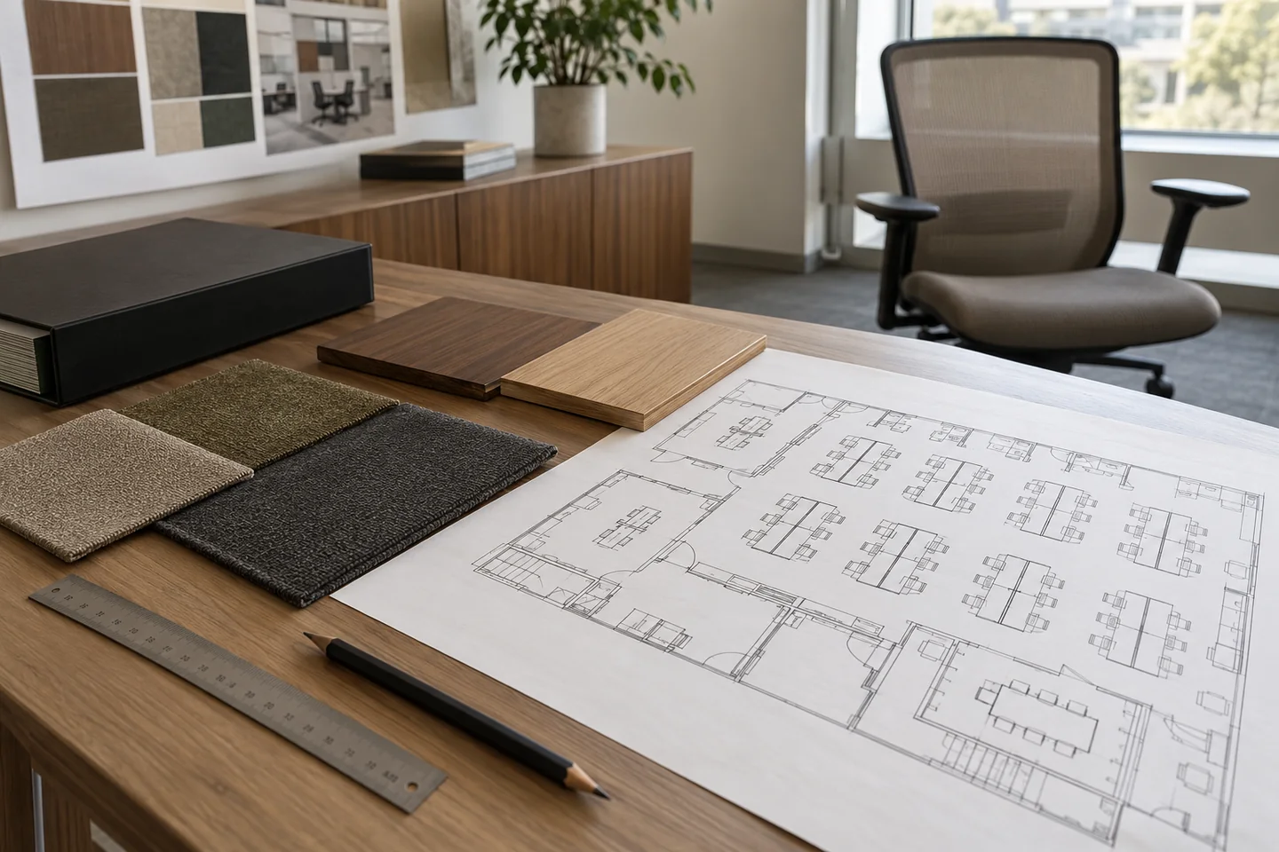 An office floor plan with walnut and oak finish samples, upholstery swatches and a specification binder.