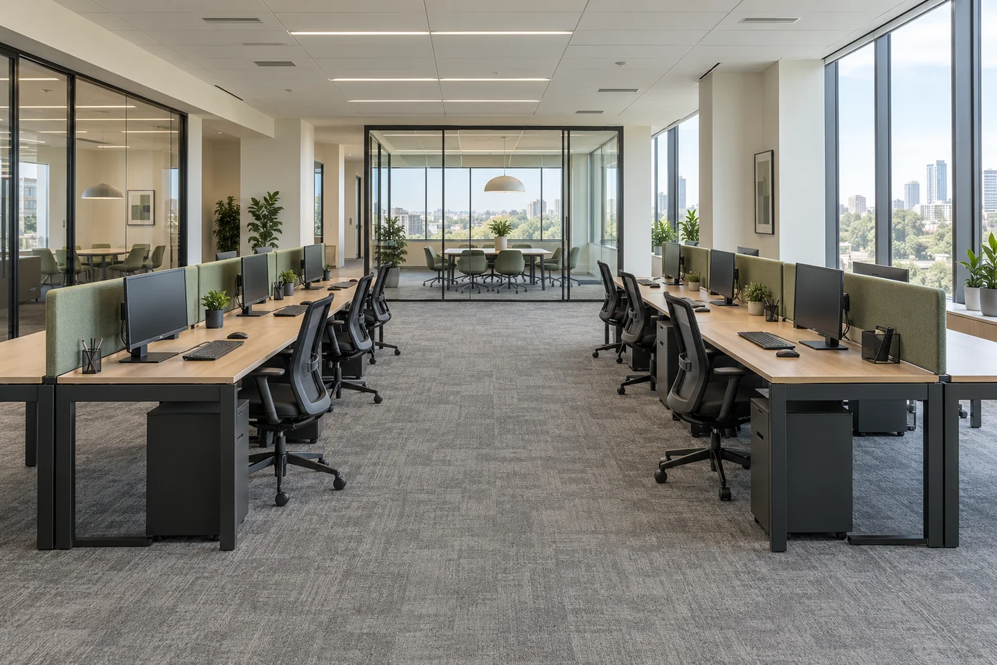 An expansive commercial office with coordinated oak workstations, ergonomic seating and meeting rooms.