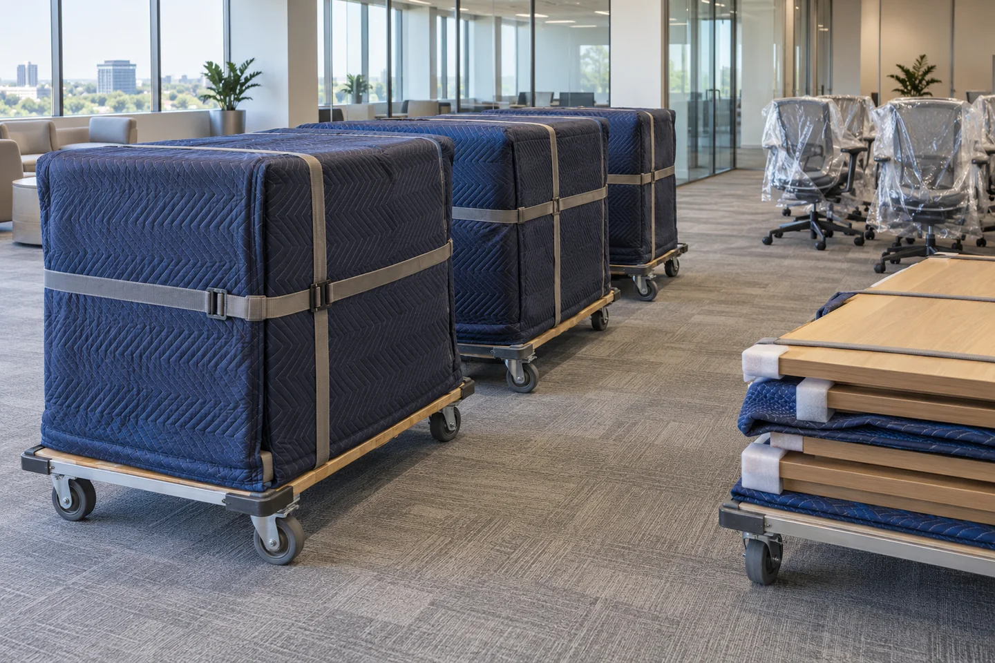 Protected credenzas on dollies, padded desktop panels and wrapped chairs staged for a commercial installation.