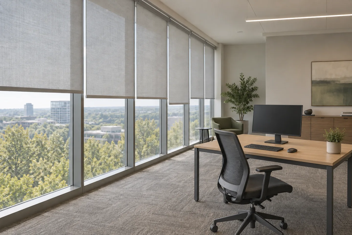 Partly lowered solar roller shades soften daylight beside an oak workstation in a carpeted commercial office.