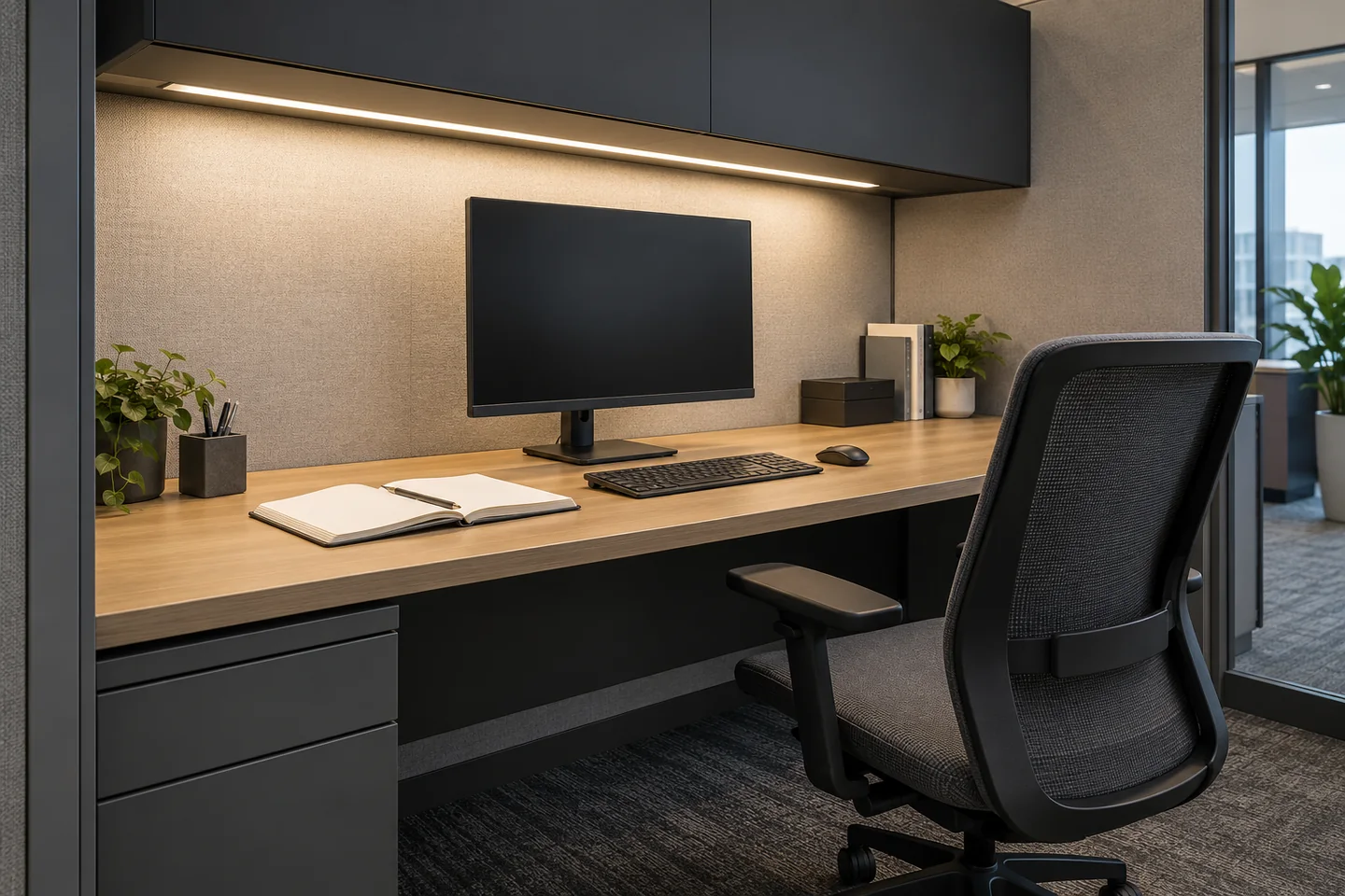 An under-cabinet LED fixture lights the notebook and work surface of an oak commercial workstation with a monitor and ergonomic chair.