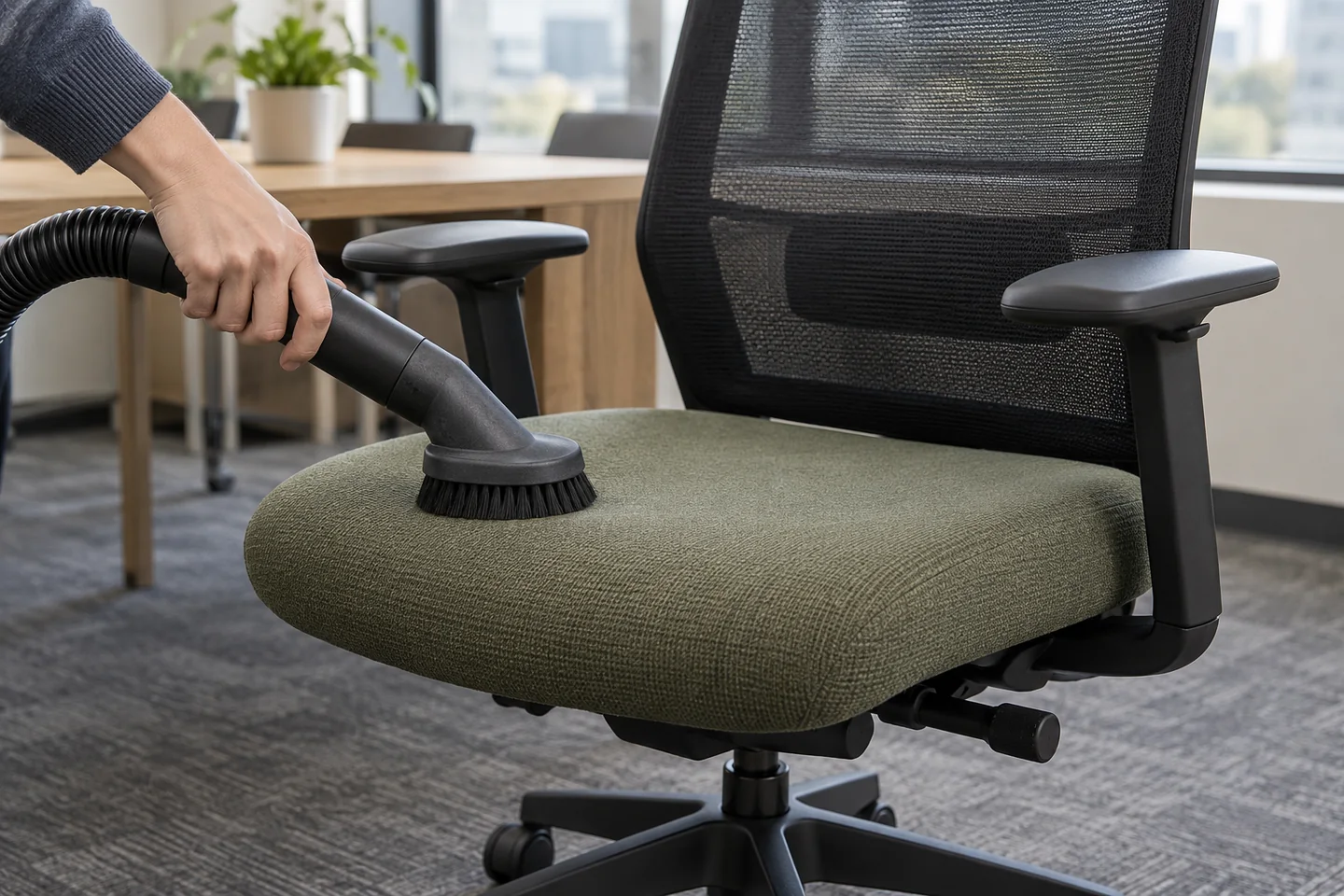 A soft-brush vacuum attachment cleaning the fabric seat of a mesh-back commercial task chair.
