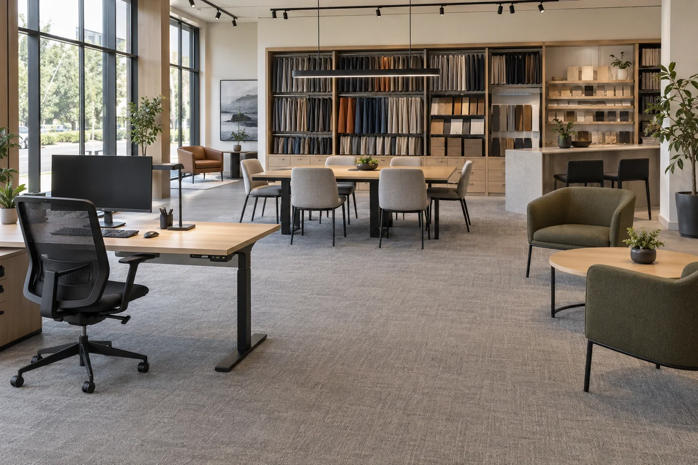 A commercial furniture showroom with complete workstation, meeting and guest seating settings beside a finish library.