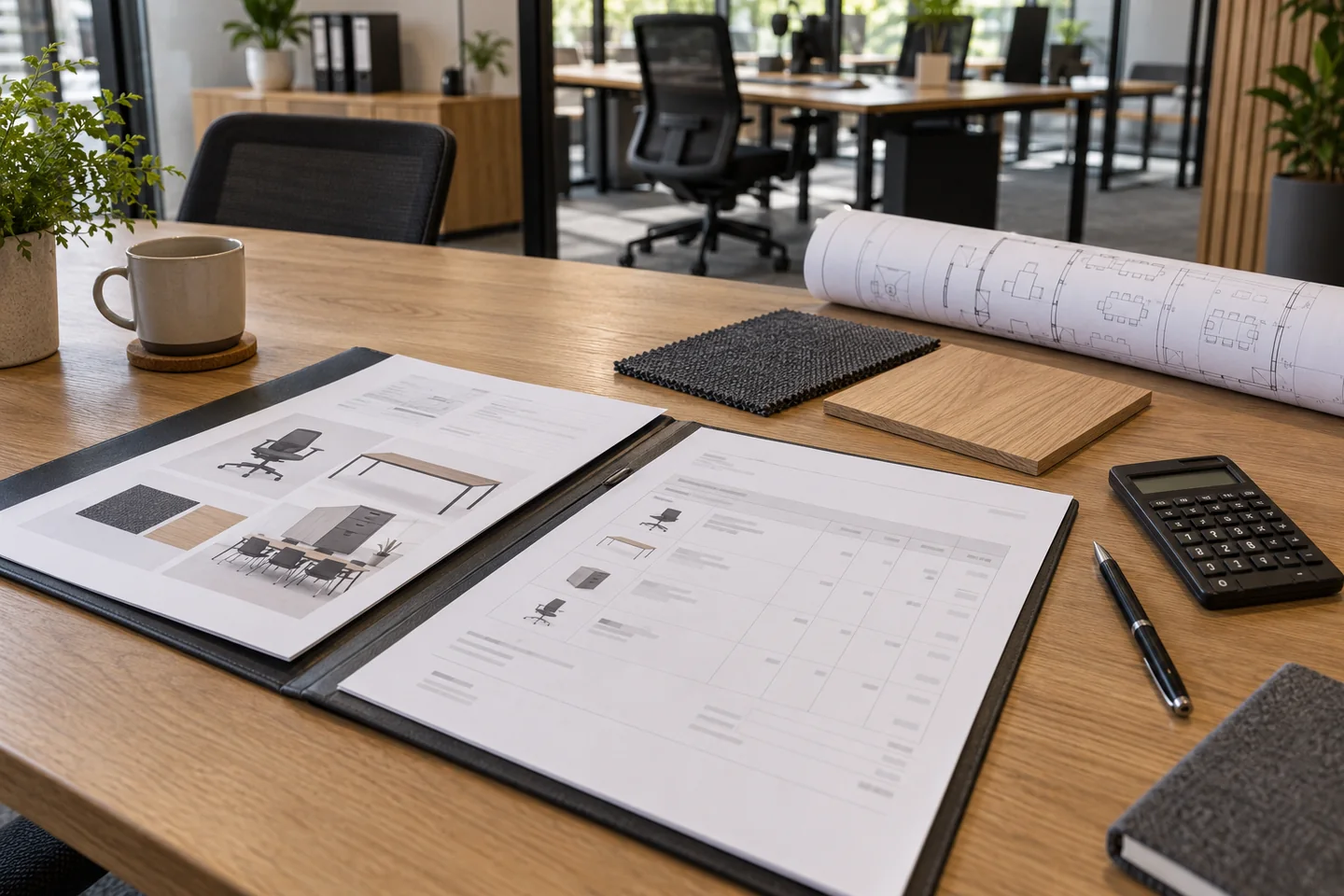 An office furniture project folder, order paperwork, finish samples and calculator on an oak meeting table.