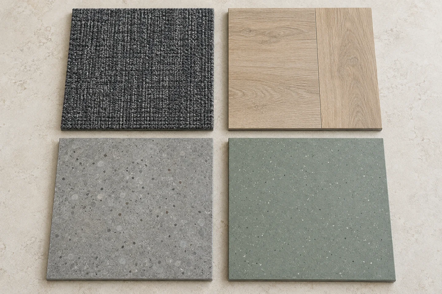 Four commercial flooring samples: carpet tile upper left, oak-look LVT upper right, concrete lower left, and rubber lower right