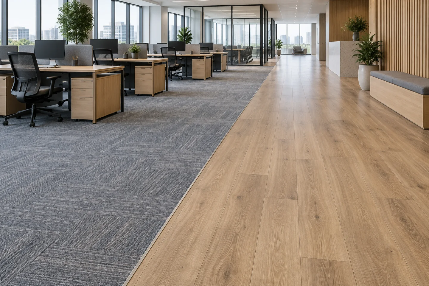 Commercial carpet tile beneath workstations meeting an oak-look LVT circulation path at a straight flush transition