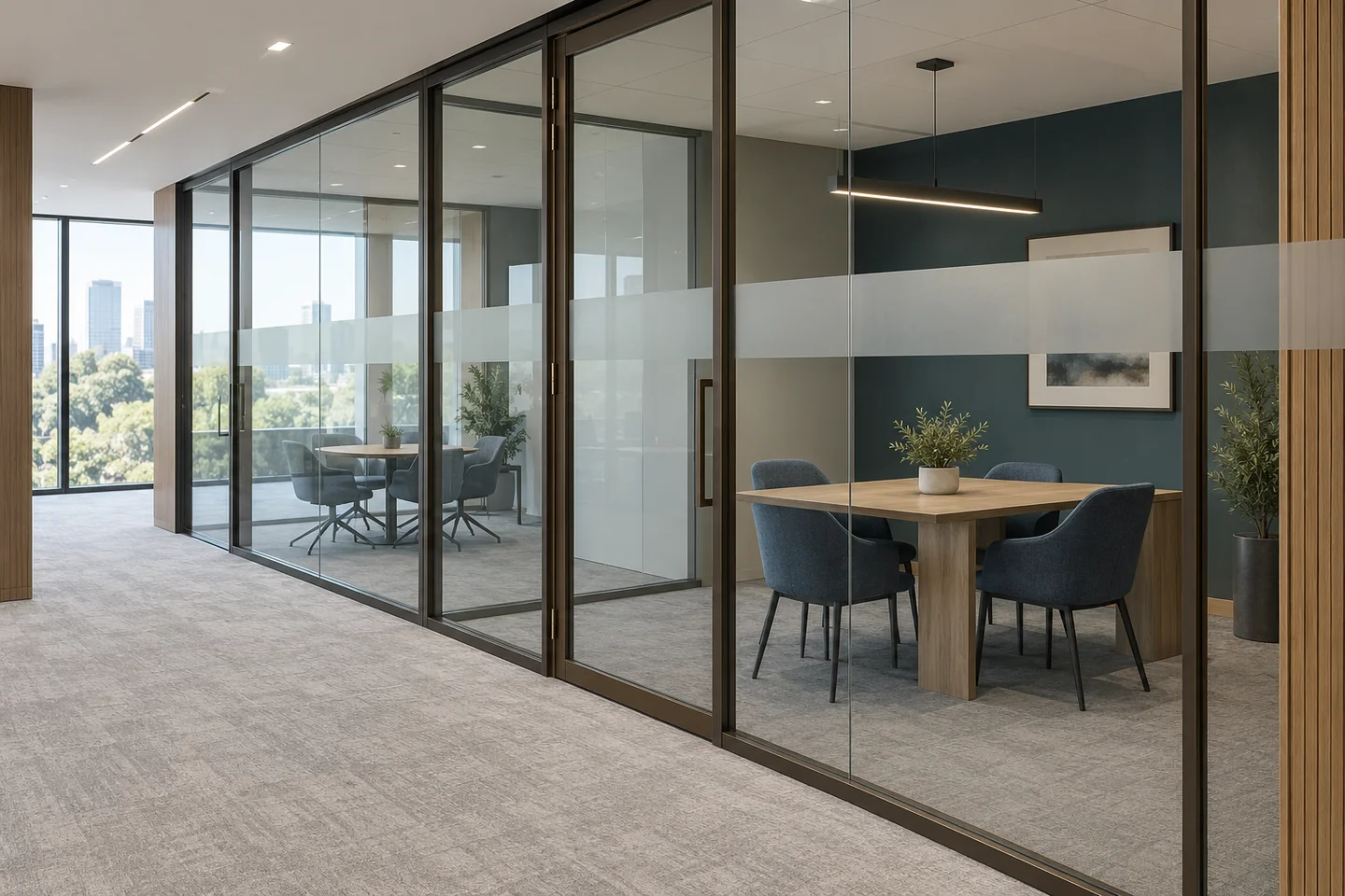 Full-height glazed office partitions with aligned frames, a frosted privacy band and closed hinged doors