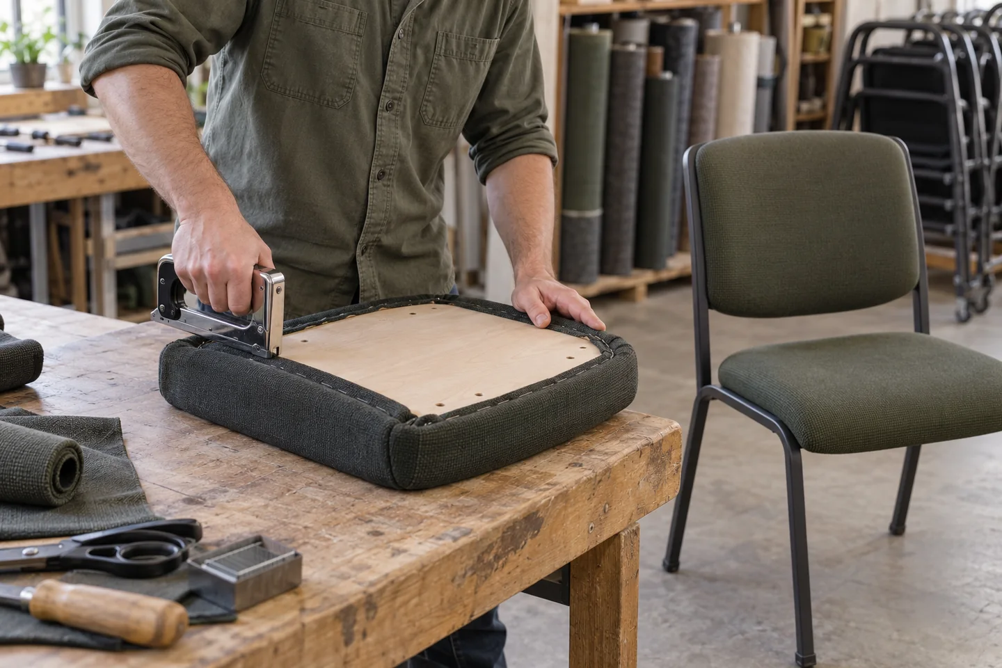 An upholsterer secures fabric to a commercial chair seat pad, with a matching finished chair beside the workbench.