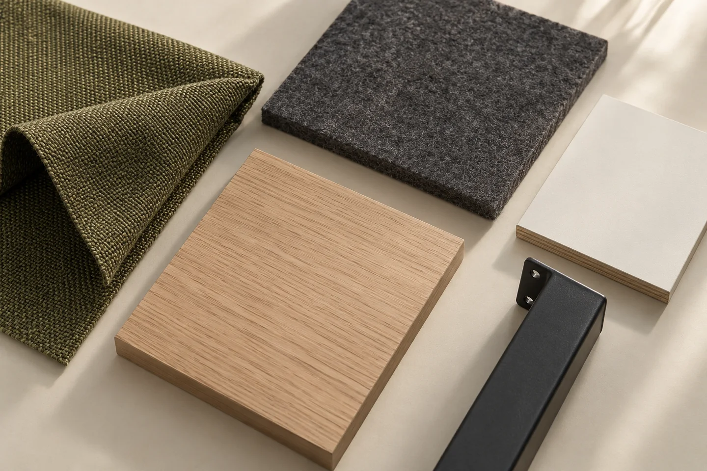 Close-up selection of woven olive upholstery, charcoal felt, oak veneer, pale laminate and a dark metal furniture component.
